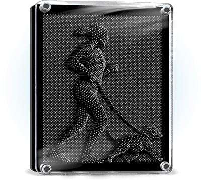 Pin art mould with an impression of a woman and a dog running