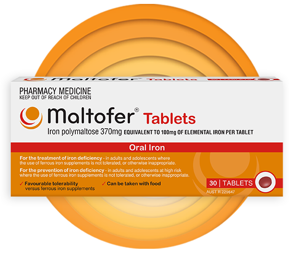 Maltofer 100mg Iron Tablets packshot in front of round, orange, red and white graphic