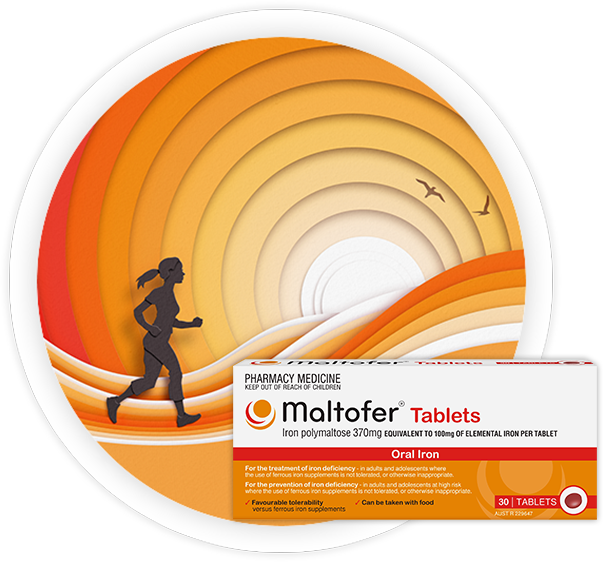 Maltofer 100mg Iron Tablets packshot in front of round, orange, red and white graphic with woman running