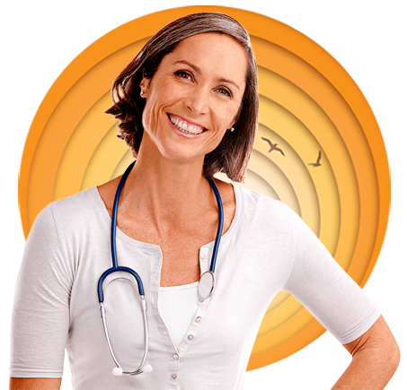 Female doctor smiling at camera with round orange gradient graphic and birds flying in background