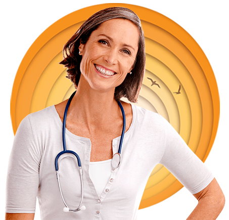 iron-d-image Female doctor smiling at camera with round orange gradient graphic and birds flying in background