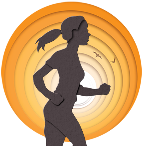Round orange gradient graphic of woman silhouetted jogging with sunset in background and birds flying