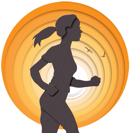 iron-d-image4 Round orange gradient graphic of woman silhouetted jogging with sunset in background and birds flying