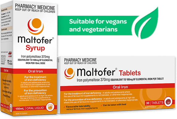 Packshots of Maltofer Iron Tablets and Maltofer Iron Syrup with floating green text - "suitable for vegans and vegetarians"