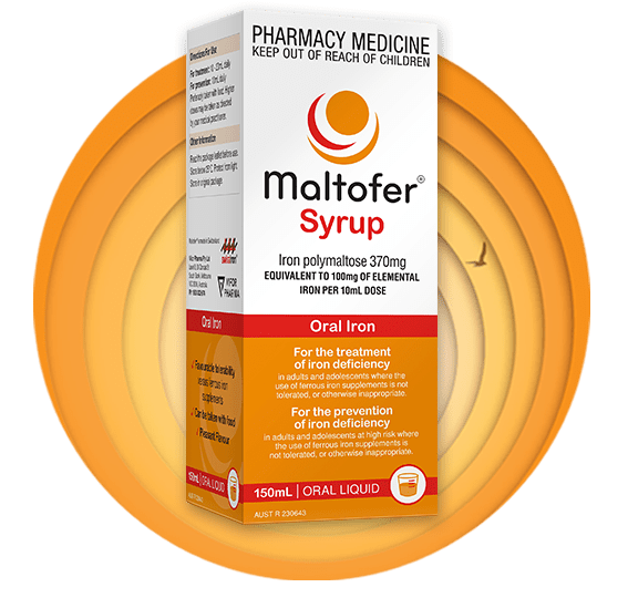 Maltofer Iron Syrup packshot in front of round, orange, red and white graphic