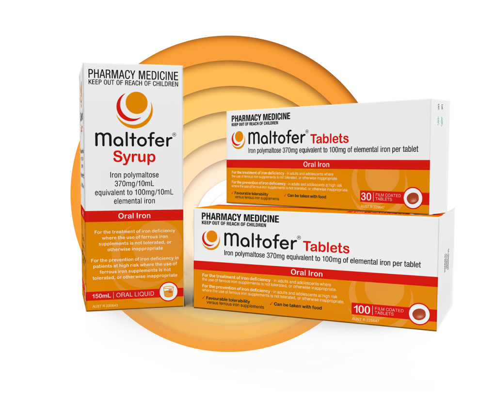 Packshots of Maltofer Iron Tablets and Maltofer Iron Syrup