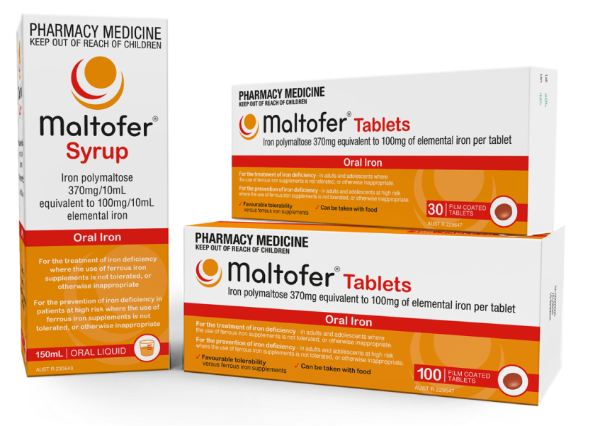 Packshots of Maltofer Iron Tablets and Maltofer Iron Syrup