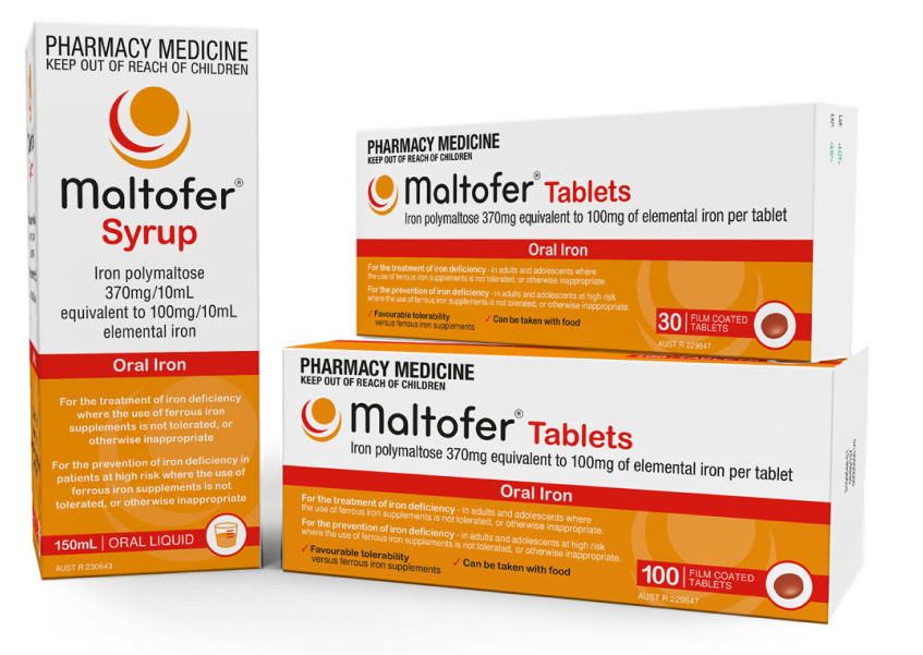 HCP-Page Packshots of Maltofer Iron Tablets and Maltofer Iron Syrup