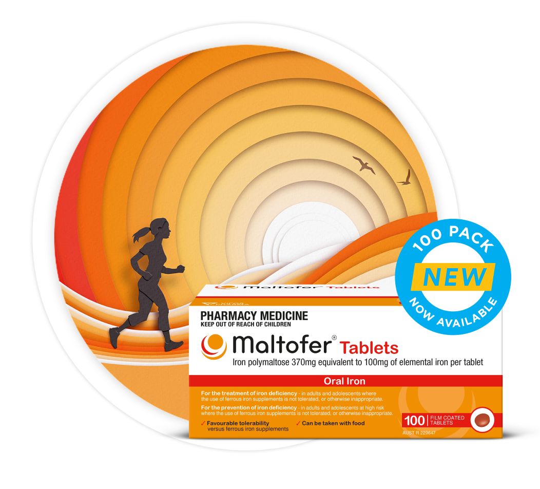 Maltofer 100mg Iron Tablets packshot in front of round, orange, red and white graphic with woman running