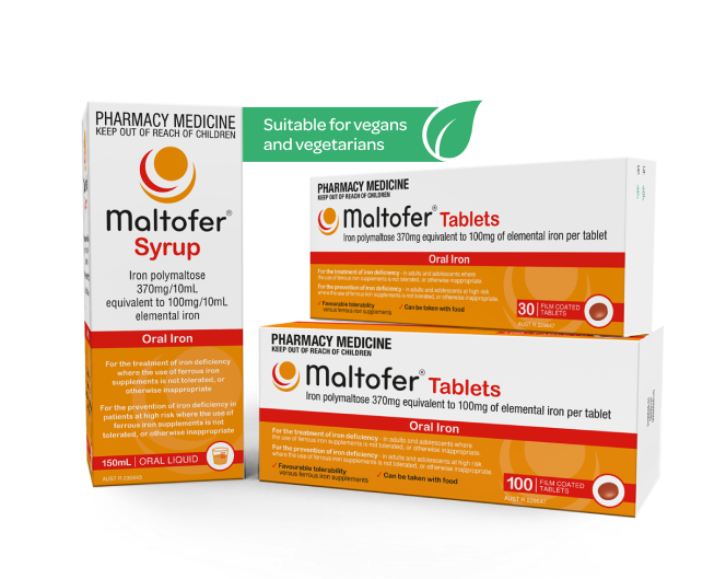 Packshots of Maltofer Iron Tablets and Maltofer Iron Syrup with floating green text - "suitable for vegans and vegetarians"