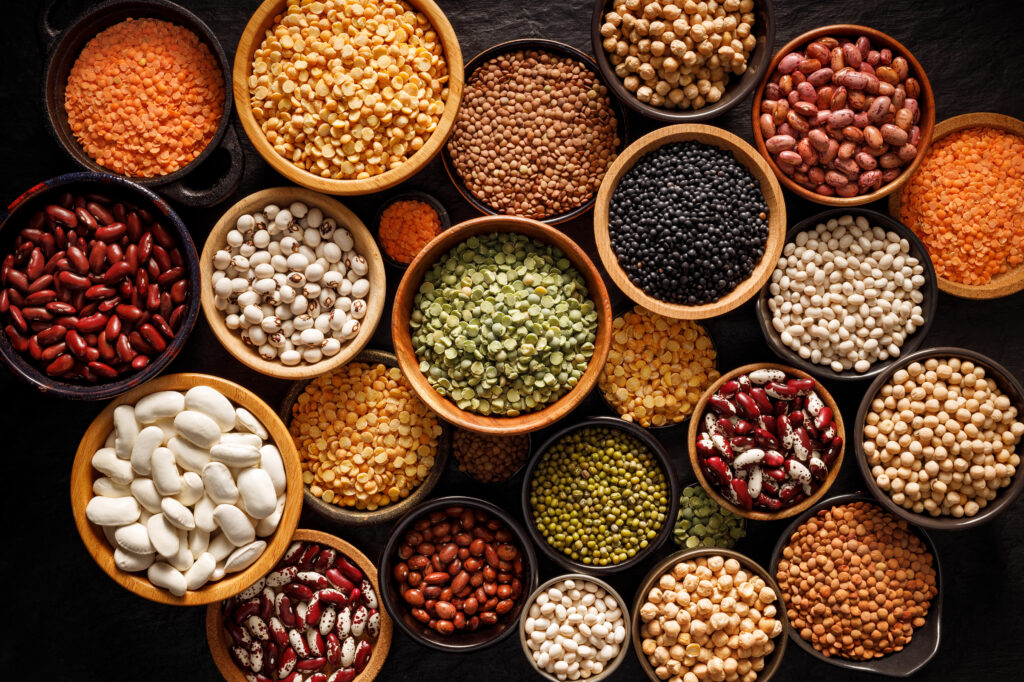 Legumes, a set consisting of different types of beans, lentils 